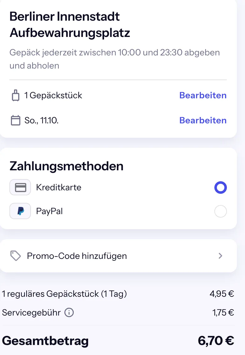 Bounce-Checkout für den Laden Berliner Innenstadt am Alexanderplatz: 1 reguläres Gepäckstück 4,95 € plus Servicegebühr 1,75 €, gesamt 6,70 €