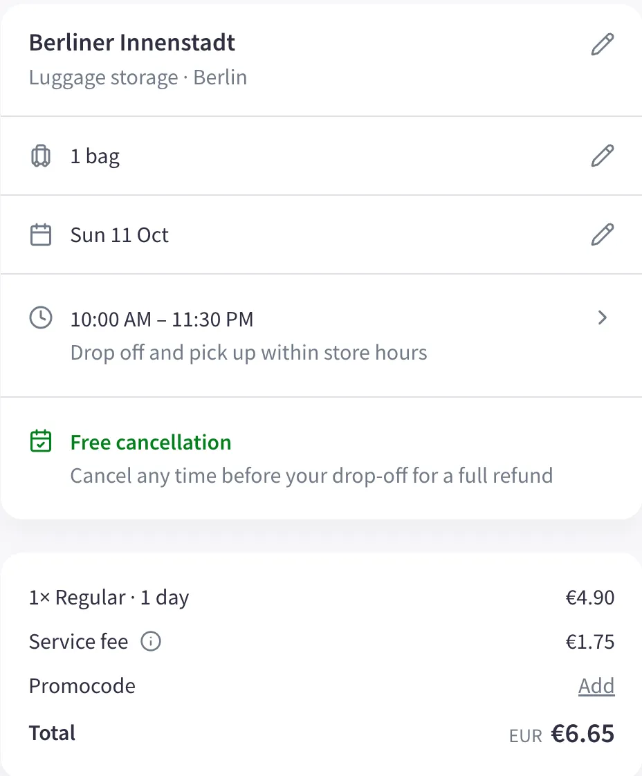 Nannybag-Checkout für den Laden Berliner Innenstadt: 1 reguläres Gepäckstück 4,90 € plus Servicegebühr 1,75 €, gesamt 6,65 €