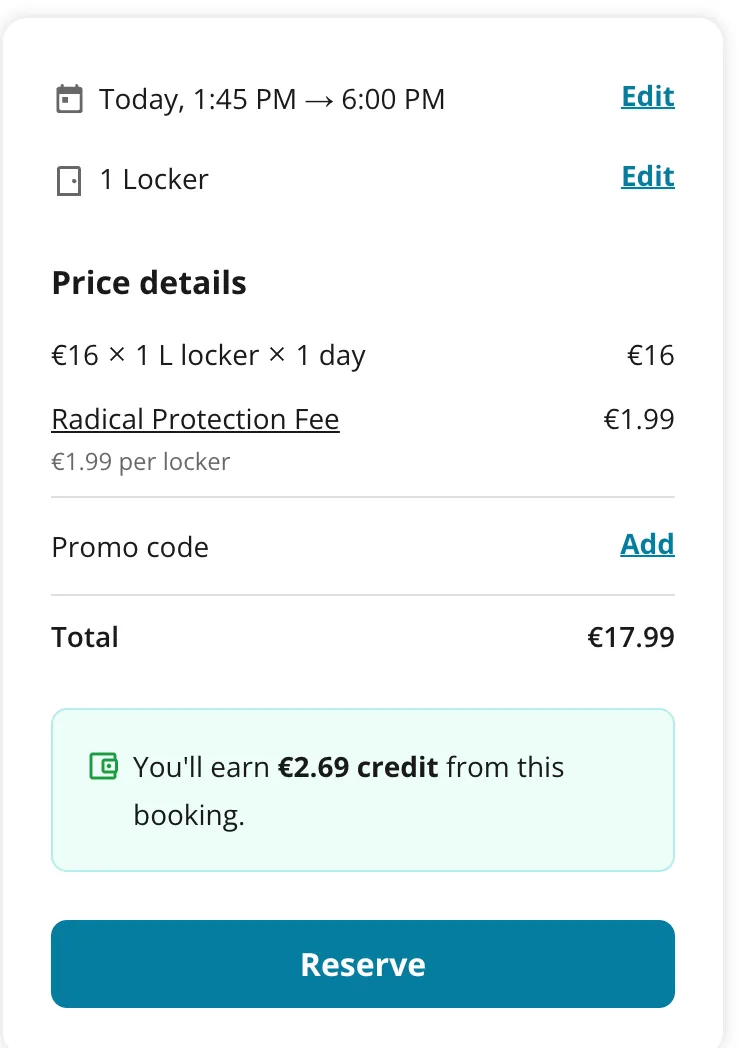 Radical-Storage-Checkout am Alexanderplatz: L-Fach 16 € plus Radical Protection Fee 1,99 €, gesamt 17,99 € für einen Tag