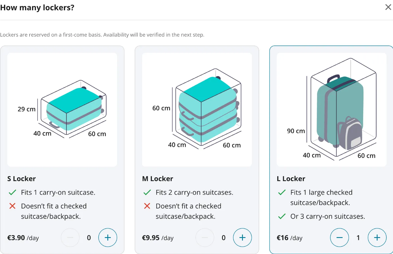 Radical-Storage-Fachgrößen am Alexanderplatz: S 3,90 € (nur Carry-on), M 9,95 € (kein Koffer), L 16 € (1 großer Koffer) pro Tag