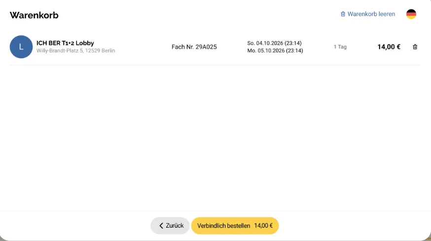 Bagbuddy24-Warenkorb: Fach L im IntercityHotel BER von Sonntag 23:14 bis Montag 23:14, 1 Tag, 14,00 €
