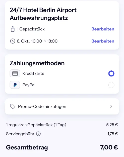 Bounce-Checkout für das 24/7 Hotel Berlin Airport: 1 reguläres Gepäckstück 5,25 € plus Servicegebühr 1,75 €, gesamt 7,00 €