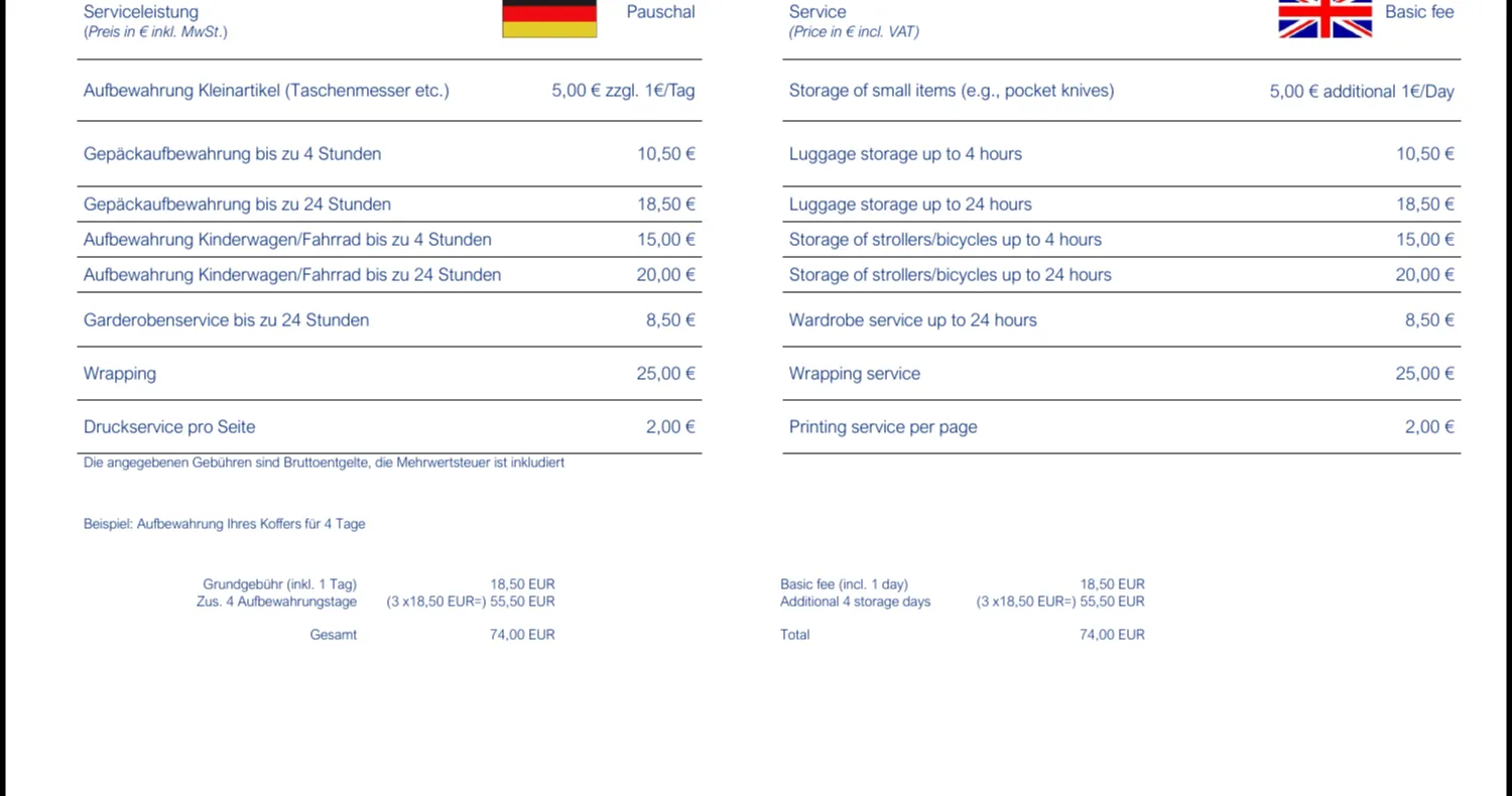 Preisliste der Gepäckaufbewahrung am Flughafen BER (Sasse, Stand 30.10.2025): bis 4 Stunden 10,50 €, bis 24 Stunden 18,50 €, Kinderwagen oder Fahrrad 15 € bzw. 20 €, Garderobe 8,50 €