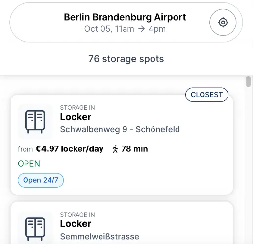 Stasher-Suche Berlin Brandenburg Airport: nächster Treffer ein Schließfach im Schwalbenweg 9 in Schönefeld, 78 Minuten zu Fuß