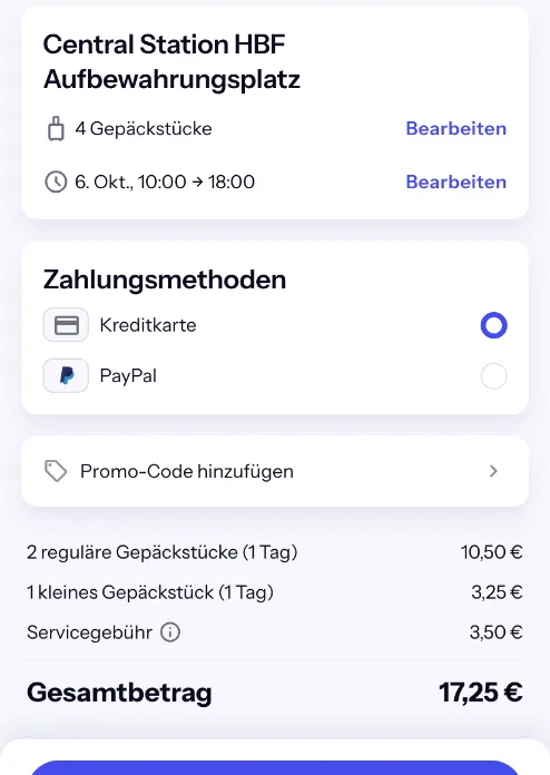 Bounce-Checkout mit 4 Gepäckstücken: 2 reguläre 10,50 €, 1 kleines 3,25 €, Servicegebühr 3,50 €, gesamt 17,25 €