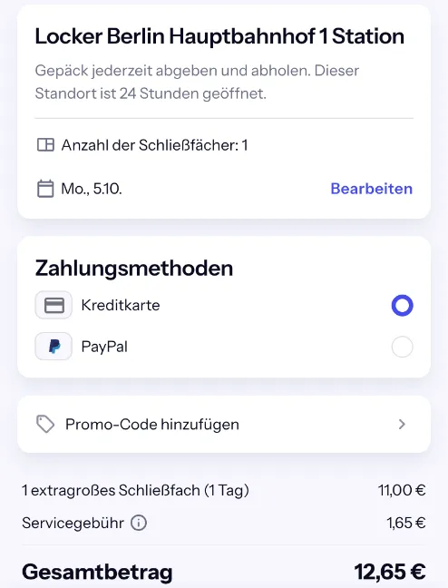 Bounce-Checkout für ein Schließfach im Berliner Hauptbahnhof: 1 extragroßes Schließfach (1 Tag) 11,00 € plus Servicegebühr 1,65 €, gesamt 12,65 €