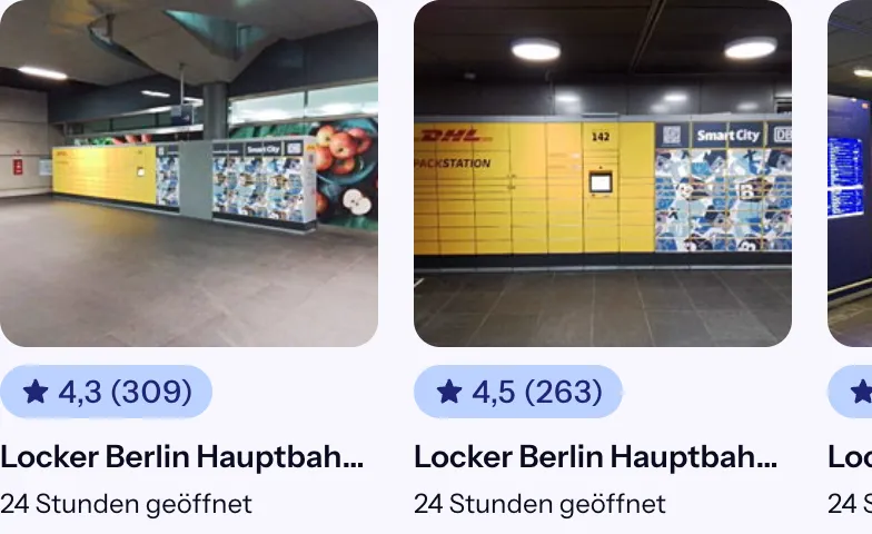 Fotos der Bounce-Schließfach-Stationen im Berliner Hauptbahnhof: gelbe Automaten mit DHL-Packstation-, Smart-City- und DB-Logo
