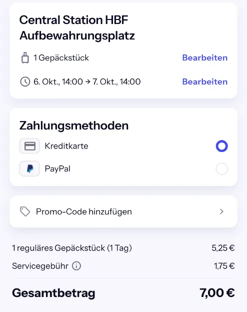Bounce-Checkout am Berliner Hbf von Dienstag 14 Uhr bis Mittwoch 14 Uhr: 1 reguläres Gepäckstück (1 Tag) 5,25 € plus Servicegebühr 1,75 €, gesamt 7,00 €
