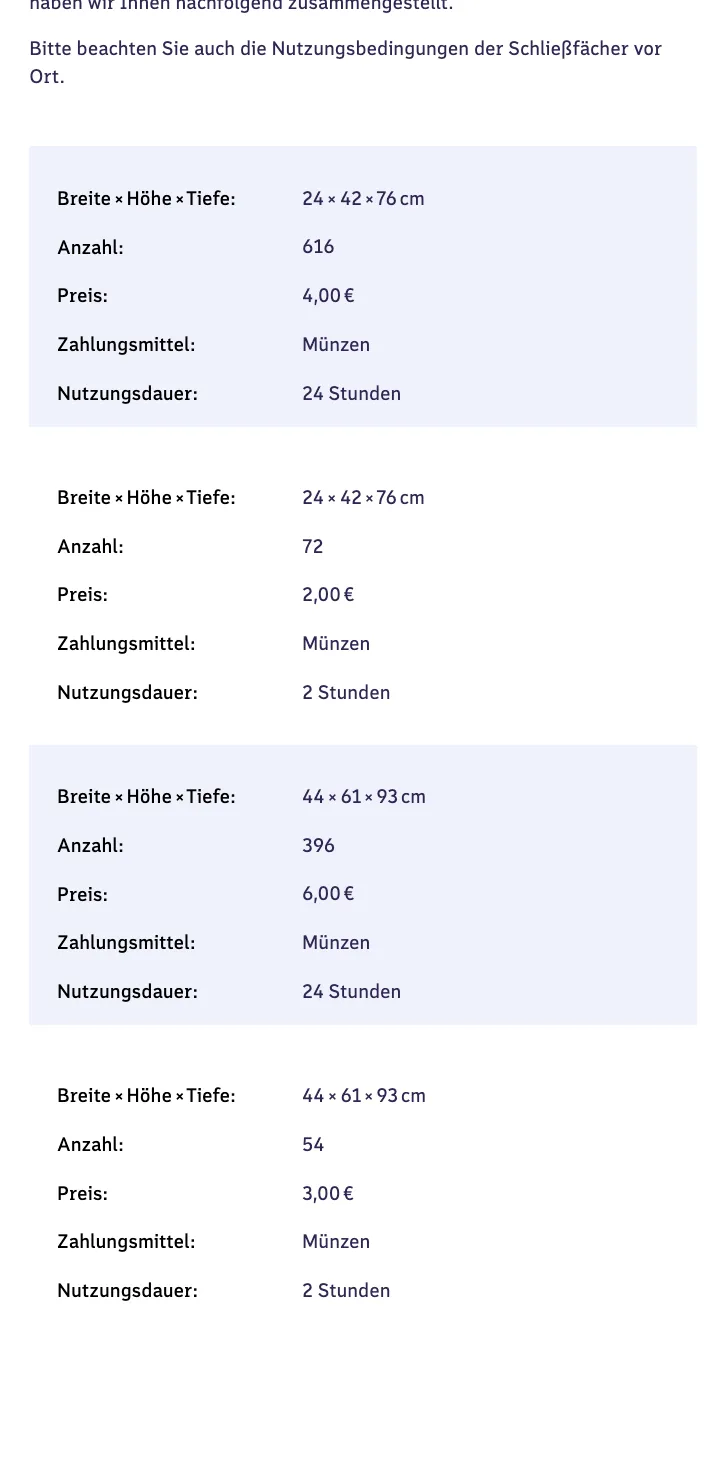 Übersicht der DB-Schließfächer im Berliner Hauptbahnhof: 616 Fächer für 4 € und 396 Fächer für 6 € je 24 Stunden, dazu 2-Stunden-Fächer für 2 € und 3 €, Zahlung mit Münzen