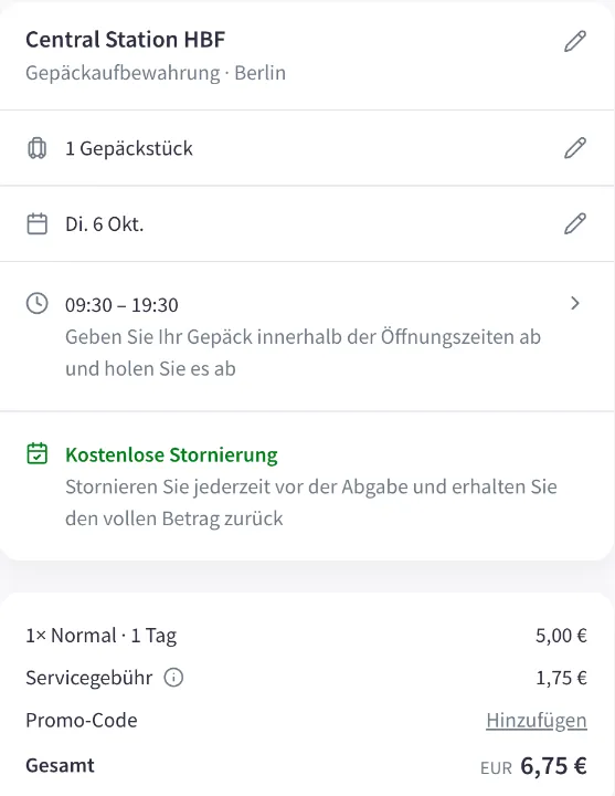 Nannybag-Checkout für den Laden Central Station HBF in Berlin: 1× Normal 5,00 € plus Servicegebühr 1,75 €, gesamt 6,75 €