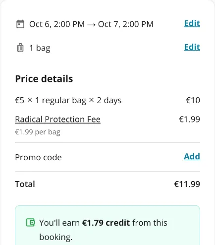 Radical-Storage-Checkout von Dienstag 14 Uhr bis Mittwoch 14 Uhr: 5 € mal 2 Tage plus 1,99 €, gesamt 11,99 €