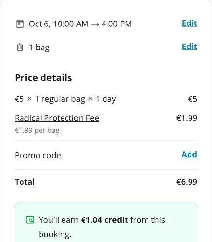 Radical-Storage-Checkout am Berliner Hbf: 5 € für einen regulären Koffer und einen Tag plus Radical Protection Fee 1,99 €, gesamt 6,99 €
