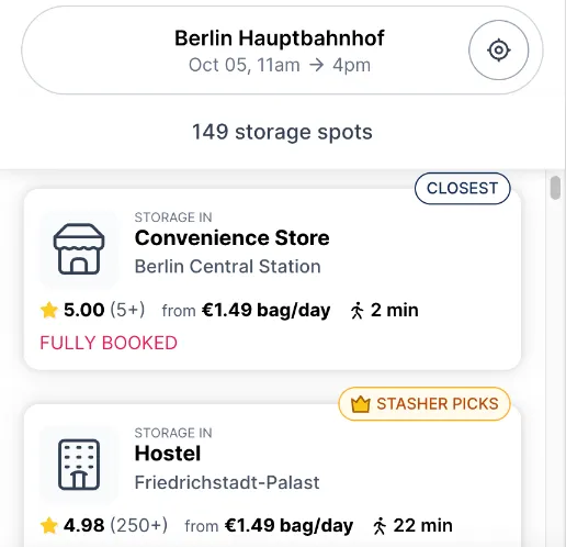 Stasher-Suche am Berliner Hauptbahnhof: Convenience Store Berlin Central Station für 1,49 € ausgebucht, nächster Treffer ein Hostel 22 Minuten entfernt