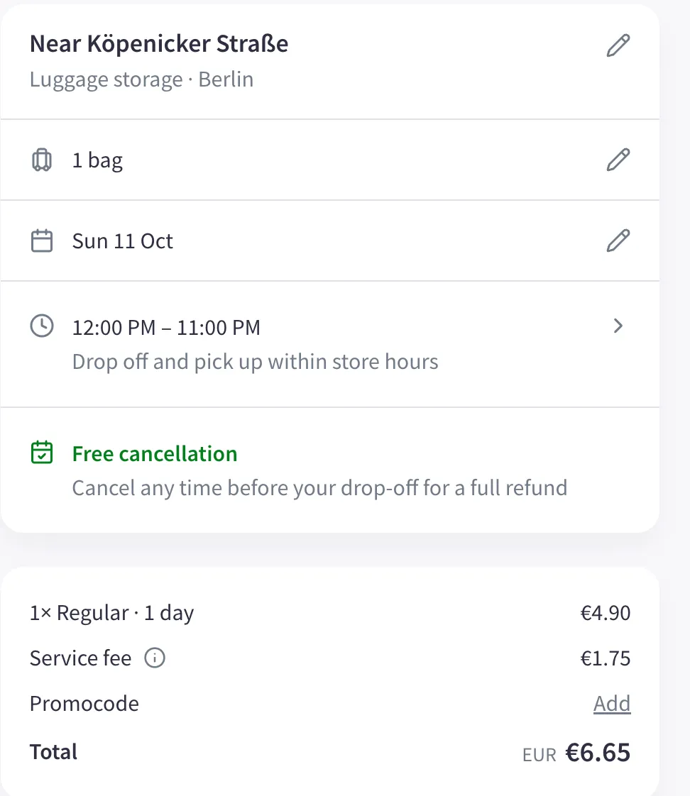 Nannybag-Checkout für den Laden nahe Köpenicker Straße: 1 reguläres Gepäckstück 4,90 € plus Servicegebühr 1,75 €, gesamt 6,65 €