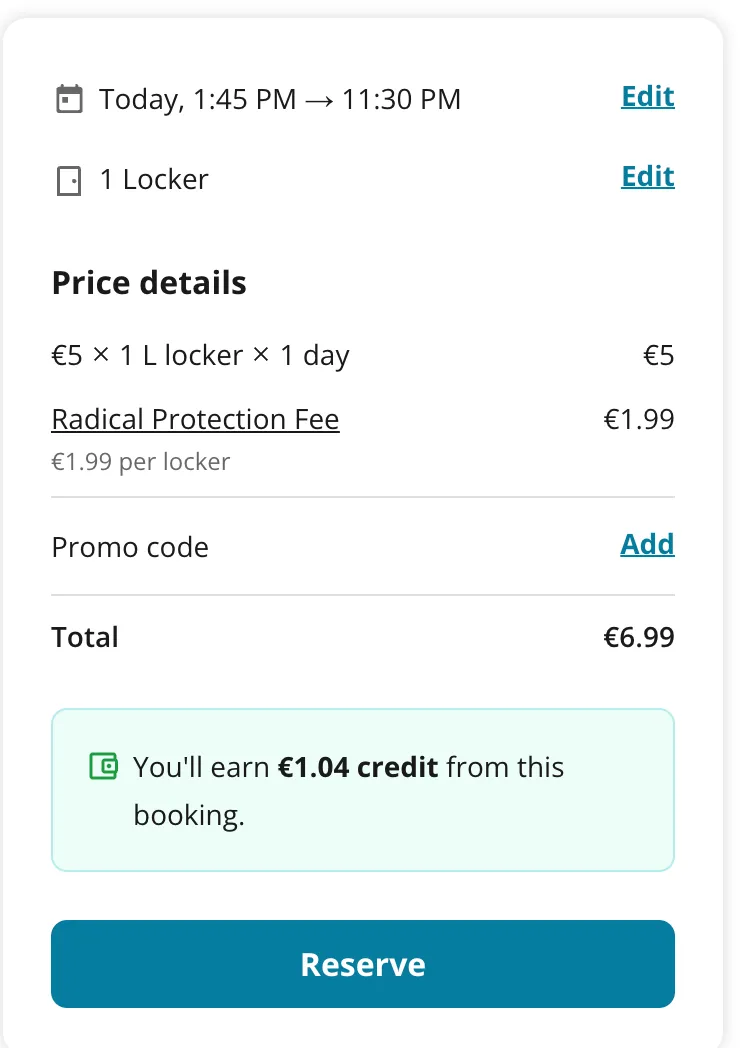 Radical-Storage-Checkout im Berlin Ostbahnhof: L-Fach 5 € plus Radical Protection Fee 1,99 €, gesamt 6,99 € für einen Tag, kein Fach für einen Aufgabekoffer