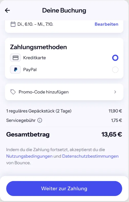 Bounce-Checkout für den Partner Bremen Airport vom 6. bis 7. Oktober: 2 Tage für 11,90 € plus 1,75 € Servicegebühr, gesamt 13,65 €