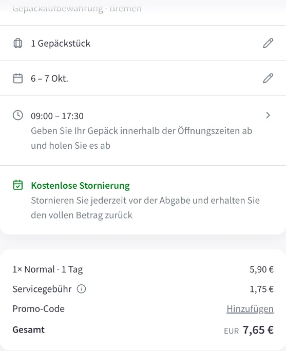 Nannybag-Checkout für den Partner Bremen Airport vom 6. bis 7. Oktober: 1 Tag, 5,90 € plus 1,75 € Servicegebühr, gesamt 7,65 €, geöffnet 9 bis 17:30 Uhr