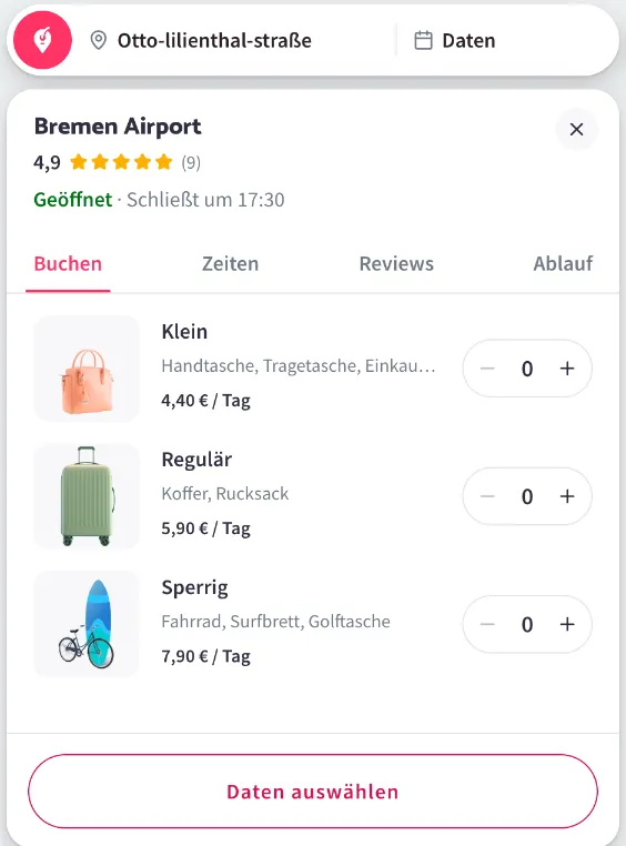 Nannybag-Partner Bremen Airport in der Otto-Lilienthal-Straße: Klein 4,40 €, Regulär 5,90 €, Sperrig 7,90 € pro Tag, schließt um 17:30 Uhr