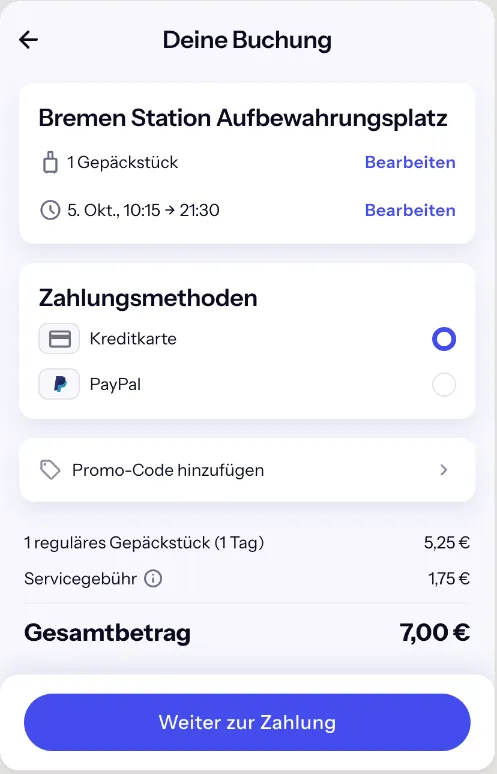 Bounce-Checkout für Bremen Station: 5,25 € für einen Koffer plus 1,75 € Servicegebühr, gesamt 7,00 €