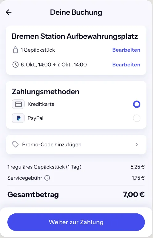 Bounce-Checkout vom 6. Oktober 14 Uhr bis 7. Oktober 14 Uhr: 1 Tag, 5,25 € plus 1,75 €, gesamt 7,00 €