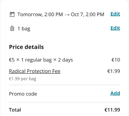 Radical-Storage-Checkout vom 6. Oktober 14 Uhr bis 7. Oktober 14 Uhr: 2 Tage für 10 € plus 1,99 €, gesamt 11,99 €