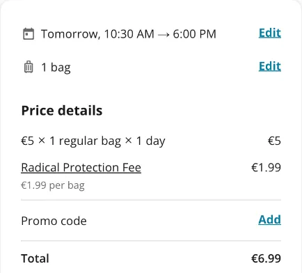 Radical-Storage-Checkout für den Laden An der Weide: 5 € für einen Koffer plus 1,99 € Radical Protection Fee, gesamt 6,99 €
