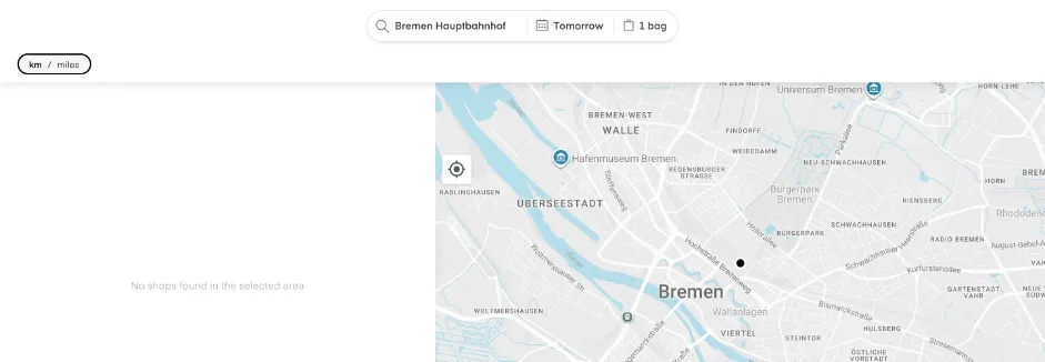 LuggageHero-Suche am Bremer Hauptbahnhof: No shops found in the selected area, Karte ohne Standorte