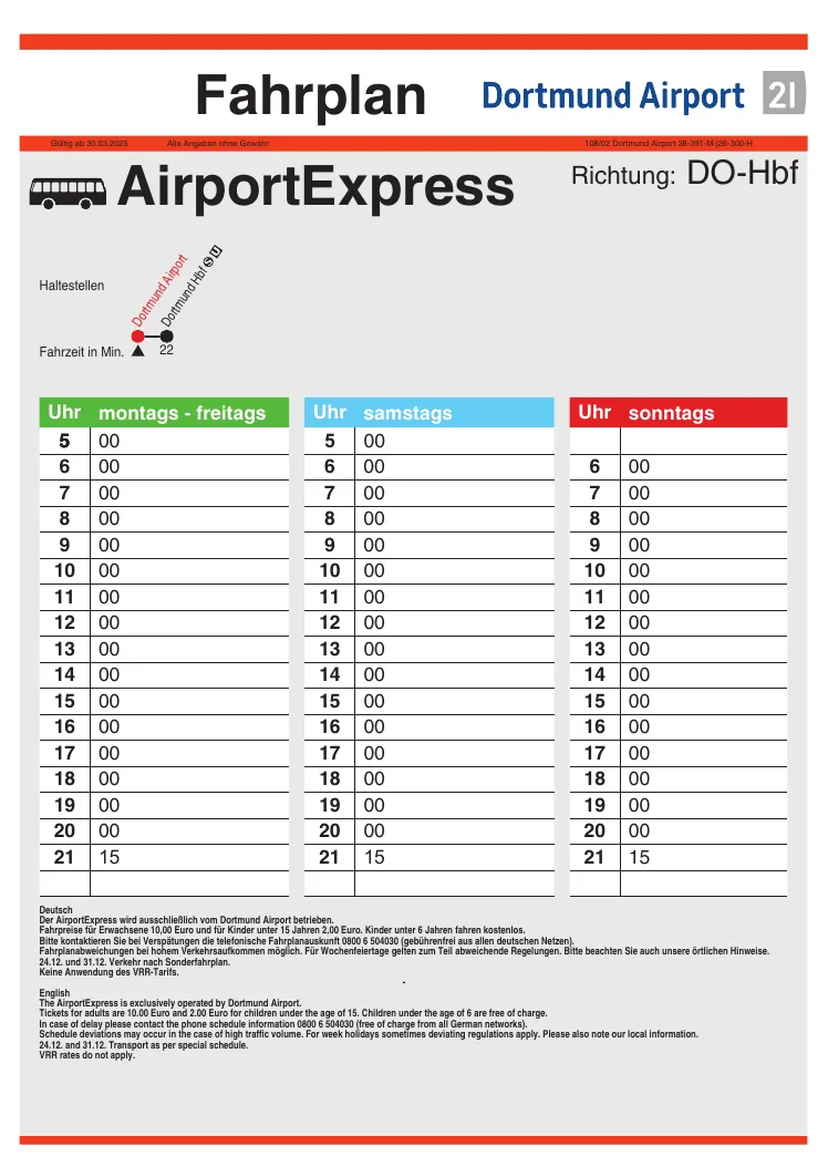 Fahrplan AirportExpress Richtung Dortmund Hbf: stündlich zur vollen Stunde ab 5 Uhr (sonntags 6 Uhr), letzte Fahrt 21:15 Uhr, Fahrzeit 22 Minuten