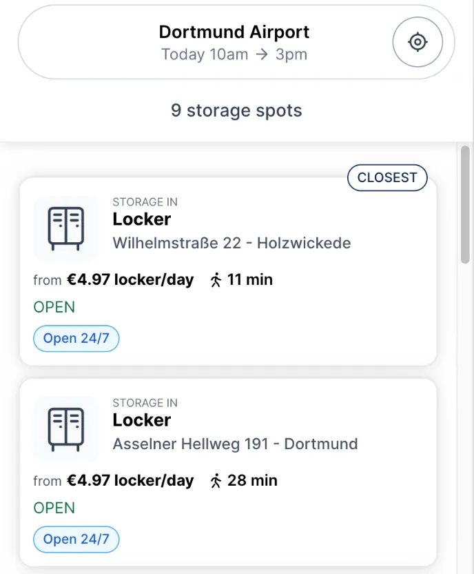 Stasher-Suche am Flughafen Dortmund: nächster Treffer ein Automat in der Wilhelmstraße 22 in Holzwickede, 11 Minuten, ab 4,97 € pro Fach und Tag