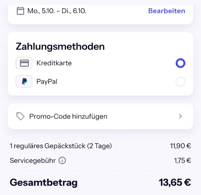 Bounce-Checkout Unionstraße von Montag bis Dienstag: 2 Tage für 11,90 € plus 1,75 €, gesamt 13,65 €