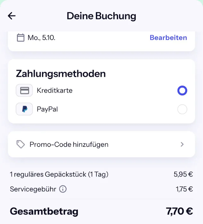 Bounce-Checkout für den Laden nahe Unionstraße in Dortmund: 1 Koffer 5,95 € plus 1,75 € Servicegebühr, gesamt 7,70 €
