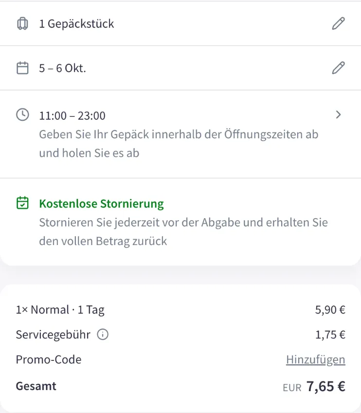 Nannybag-Checkout für den Laden nahe Unionstraße, 5. bis 6. Oktober: 1 Tag 5,90 € plus 1,75 € Servicegebühr, gesamt 7,65 €
