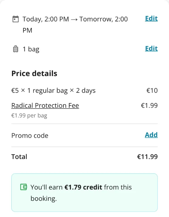 Radical-Storage-Checkout Brückstraße: 14 Uhr bis 14 Uhr am Folgetag als 2 Tage berechnet, 10 € plus 1,99 €, gesamt 11,99 €