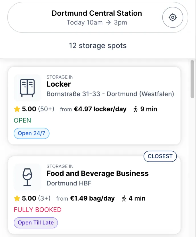 Stasher-Suche am Dortmund Hbf: Gastronomie für 1,49 € ausgebucht, daneben Automaten in der Bornstraße und Glückaufstraße für 4,97 €