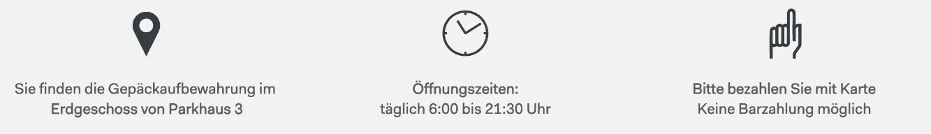 Gepäckaufbewahrung Flughafen Düsseldorf laut dus.com: Erdgeschoss von Parkhaus 3, täglich 6 bis 21:30 Uhr, nur Kartenzahlung