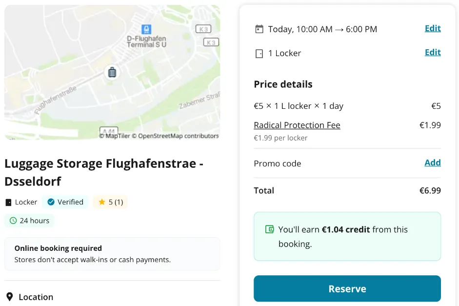 Radical-Storage-Checkout für den Automaten Flughafenstraße: Fach L 5 € plus 1,99 € Radical Protection Fee, gesamt 6,99 €