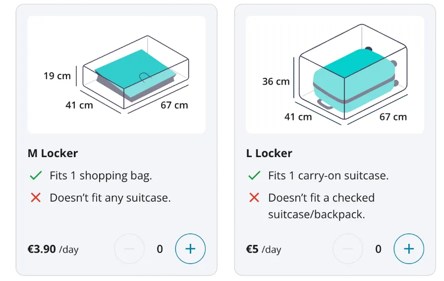Fächer am Automaten Flughafenstraße laut Radical: M 41 × 67 × 19 cm für 3,90 € passt in keinen Koffer, L 41 × 67 × 36 cm für 5 € nur für Handgepäck