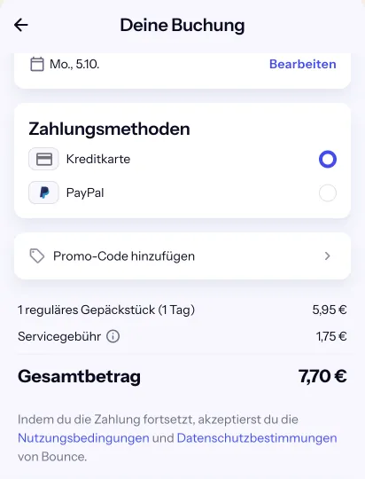 Bounce-Checkout für den Laden Düsseldorf Central Station: 5,95 € für einen Koffer plus 1,75 € Servicegebühr, gesamt 7,70 €