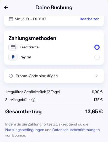 Bounce-Checkout von Montag bis Dienstag: 2 Tage für 11,90 € plus 1,75 €, gesamt 13,65 €