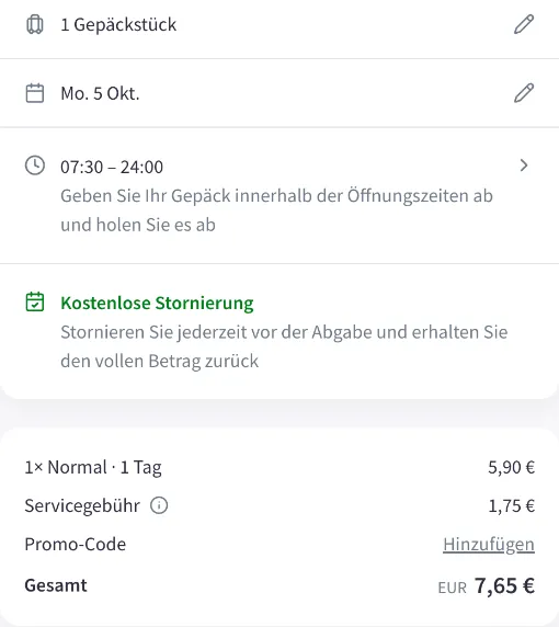 Nannybag-Checkout für den Laden Düsseldorf Central Station: 5,90 € plus 1,75 € Servicegebühr, gesamt 7,65 €