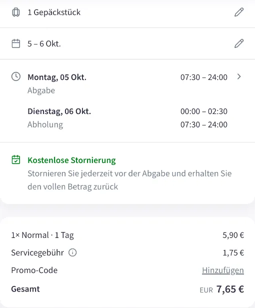 Nannybag-Checkout vom 5. Oktober 14 Uhr bis 6. Oktober 14 Uhr: 1 Tag für 5,90 € plus 1,75 €, gesamt 7,65 €; Abholung dienstags 0 bis 2:30 und 7:30 bis 24 Uhr