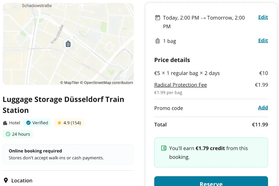 Radical-Storage-Checkout: 14 Uhr bis 14 Uhr am Folgetag als 2 Tage berechnet, 10 € plus 1,99 €, gesamt 11,99 €