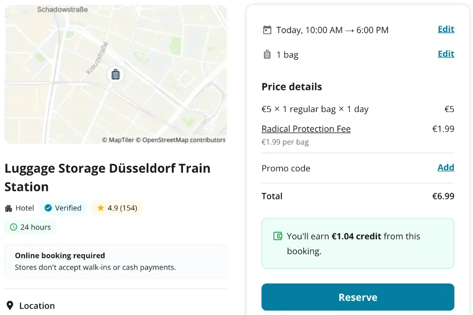 Radical-Storage-Checkout für das Hotel Düsseldorf Train Station, 24 Stunden geöffnet: 5 € plus 1,99 € Radical Protection Fee, gesamt 6,99 €