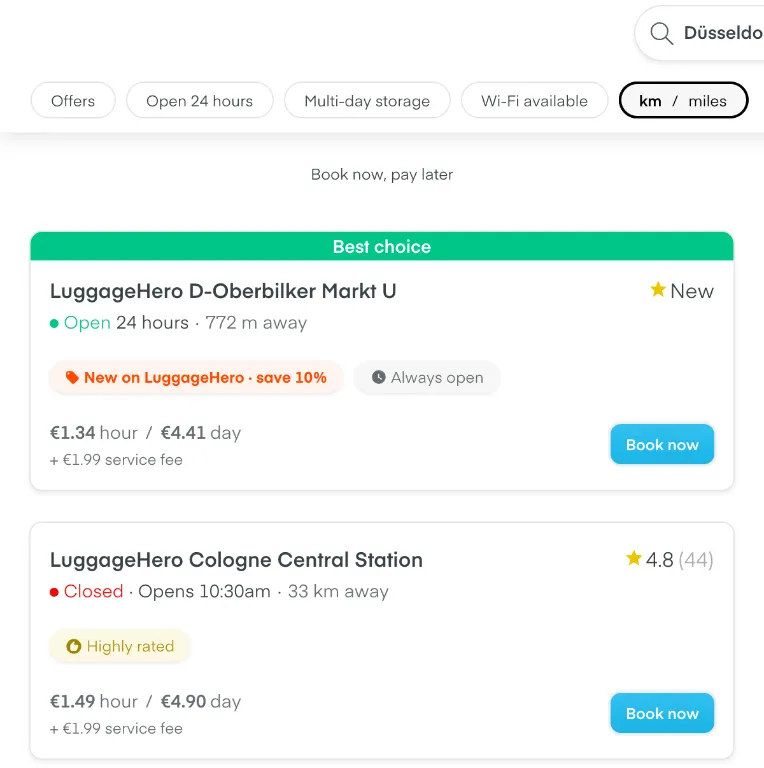 LuggageHero-Suche am Düsseldorfer Hauptbahnhof: ein Treffer in Düsseldorf (D-Oberbilker Markt U, 772 m), die nächsten beiden in Köln, 33 km entfernt