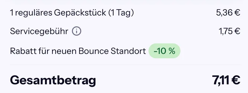 Bounce-Checkout für den Laden „Grugapark“: 1 reguläres Gepäckstück 5,36 €, Servicegebühr 1,75 €, Rabatt für neuen Standort 10 %, gesamt 7,11 €