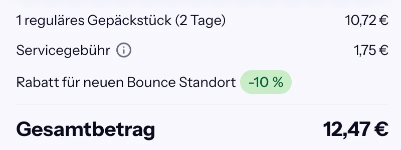 Bounce-Checkout von Montag bis Dienstag: 2 Tage 10,72 €, Servicegebühr 1,75 €, gesamt 12,47 €