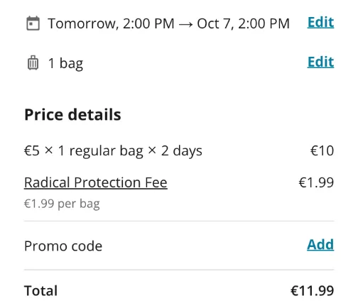 Radical-Storage-Checkout von Dienstag 14 Uhr bis Mittwoch 14 Uhr: 2 Tage 10 € plus 1,99 €, gesamt 11,99 €