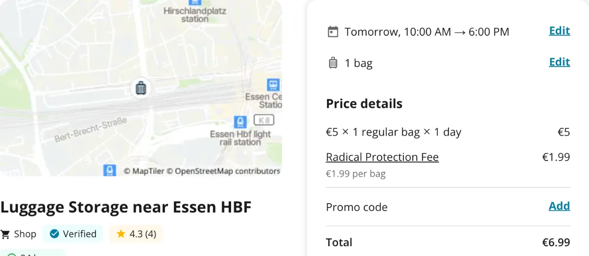 Radical-Storage-Checkout für „Luggage Storage near Essen HBF“, rund um die Uhr geöffnet: 5 € plus 1,99 € Radical Protection Fee, gesamt 6,99 €