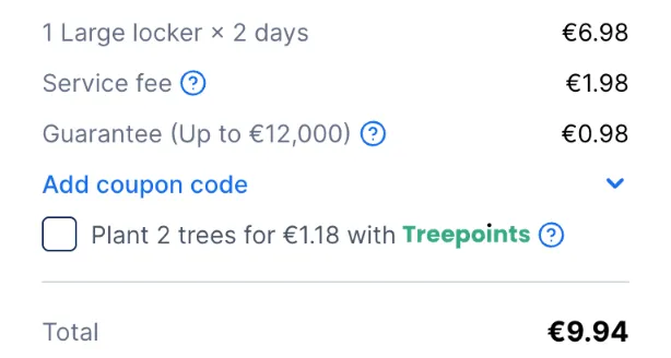 Stasher-Checkout über Nacht: 2 Tage 6,98 €, Service fee 1,98 €, Guarantee 0,98 €, gesamt 9,94 €