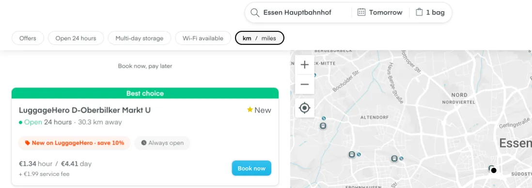 LuggageHero-Suche „Essen Hauptbahnhof“: einziger Treffer LuggageHero D-Oberbilker Markt U, 30,3 km entfernt in Düsseldorf